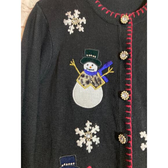 Vintage B.P. Design Sweater Womens Medium Christmas Snow Men Embroidered Ramie - Picture 3 of 13